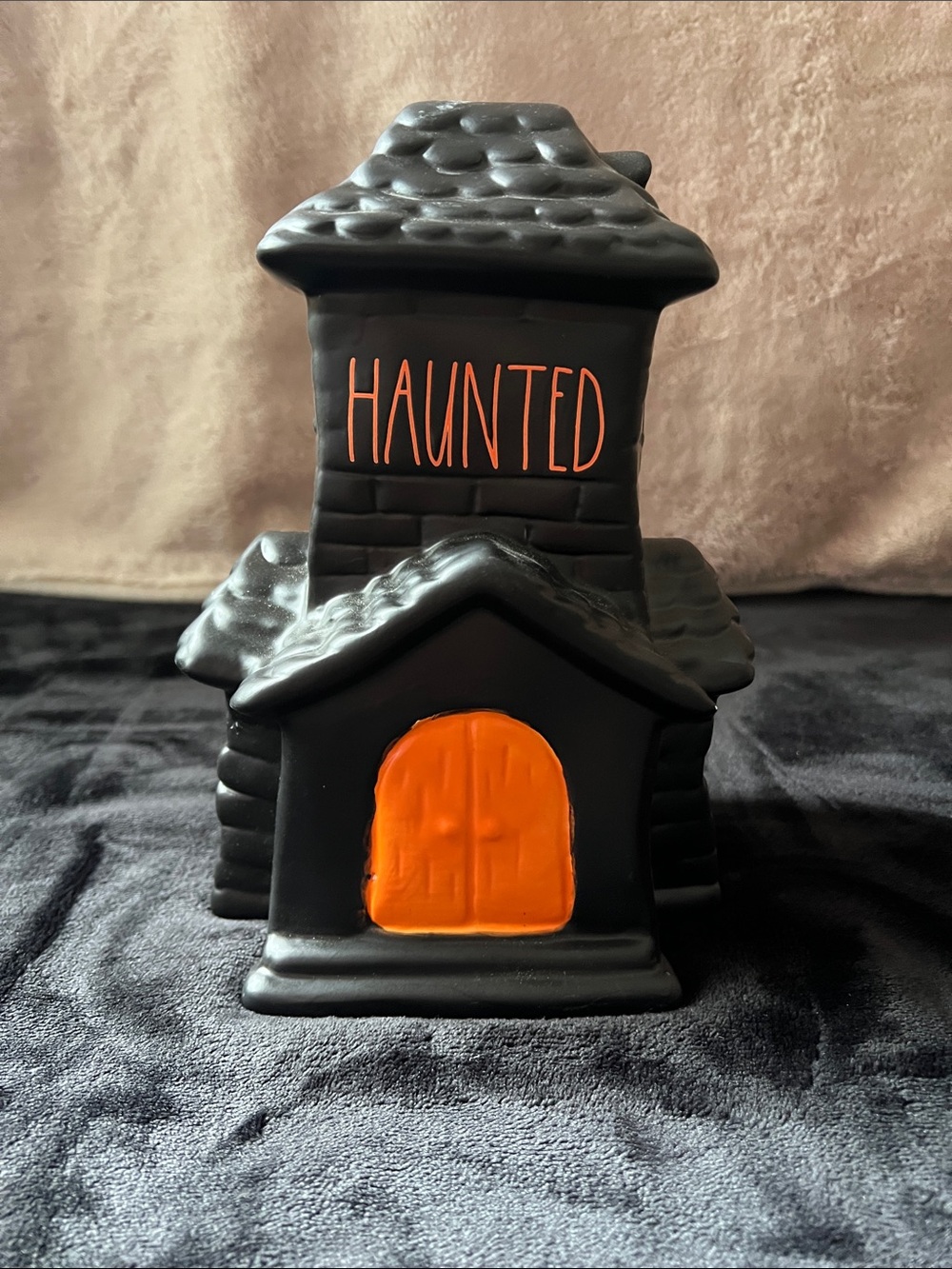 Rae Dunn Black Haunted House with Orange Door